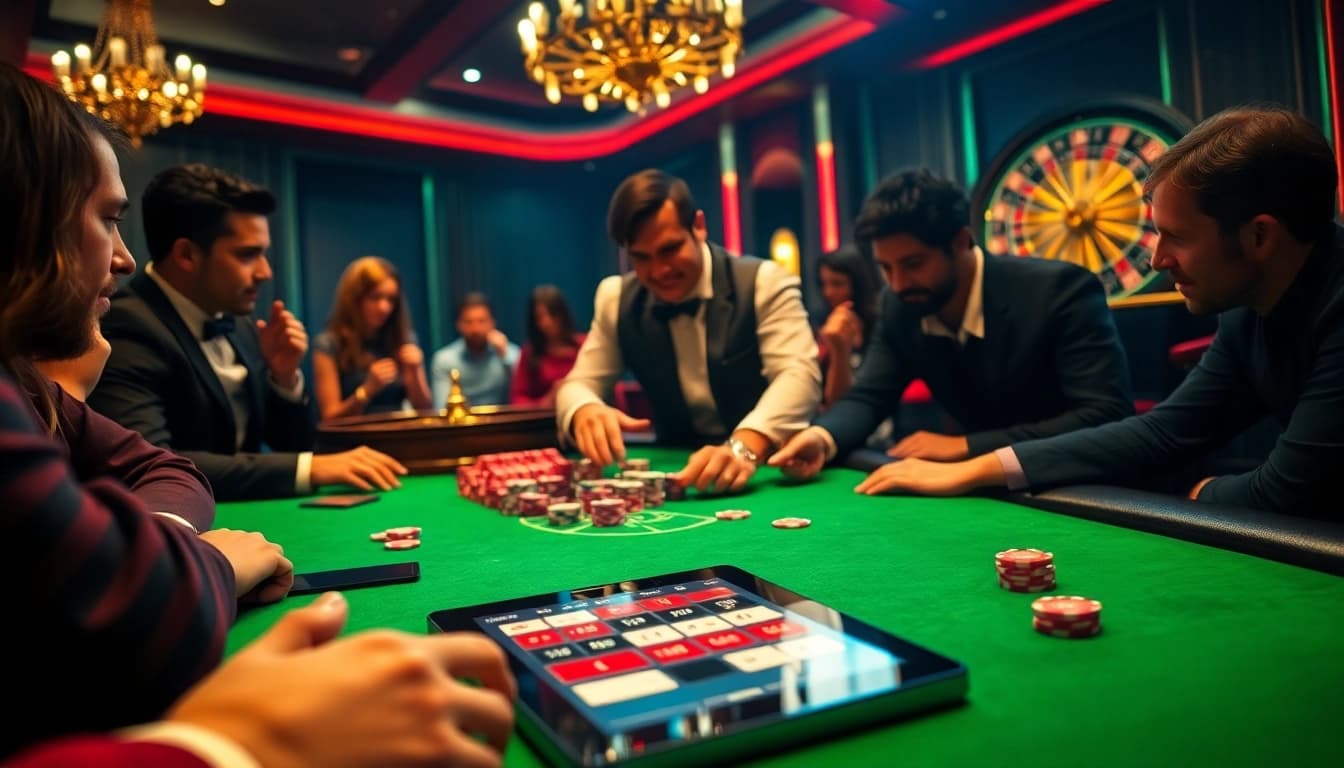 Action intense au poker à une table de casino en ligne luxueuse avec des jetons colorés et des cartes.