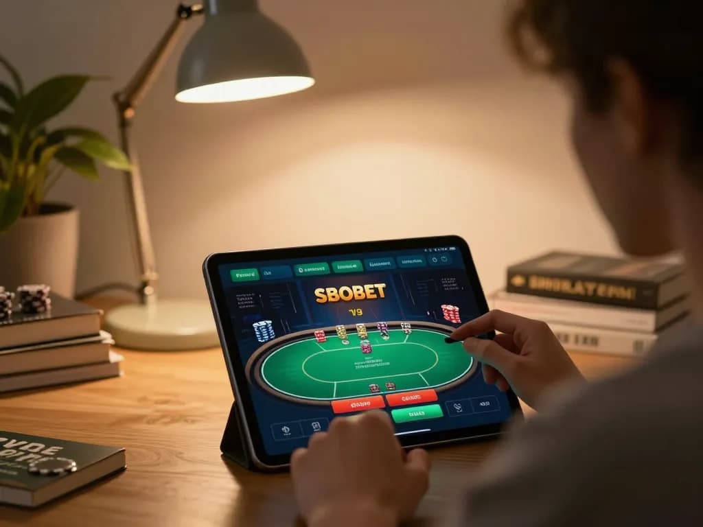 SBOBET user engaging in online casino gameplay on tablet in a cozy home setting