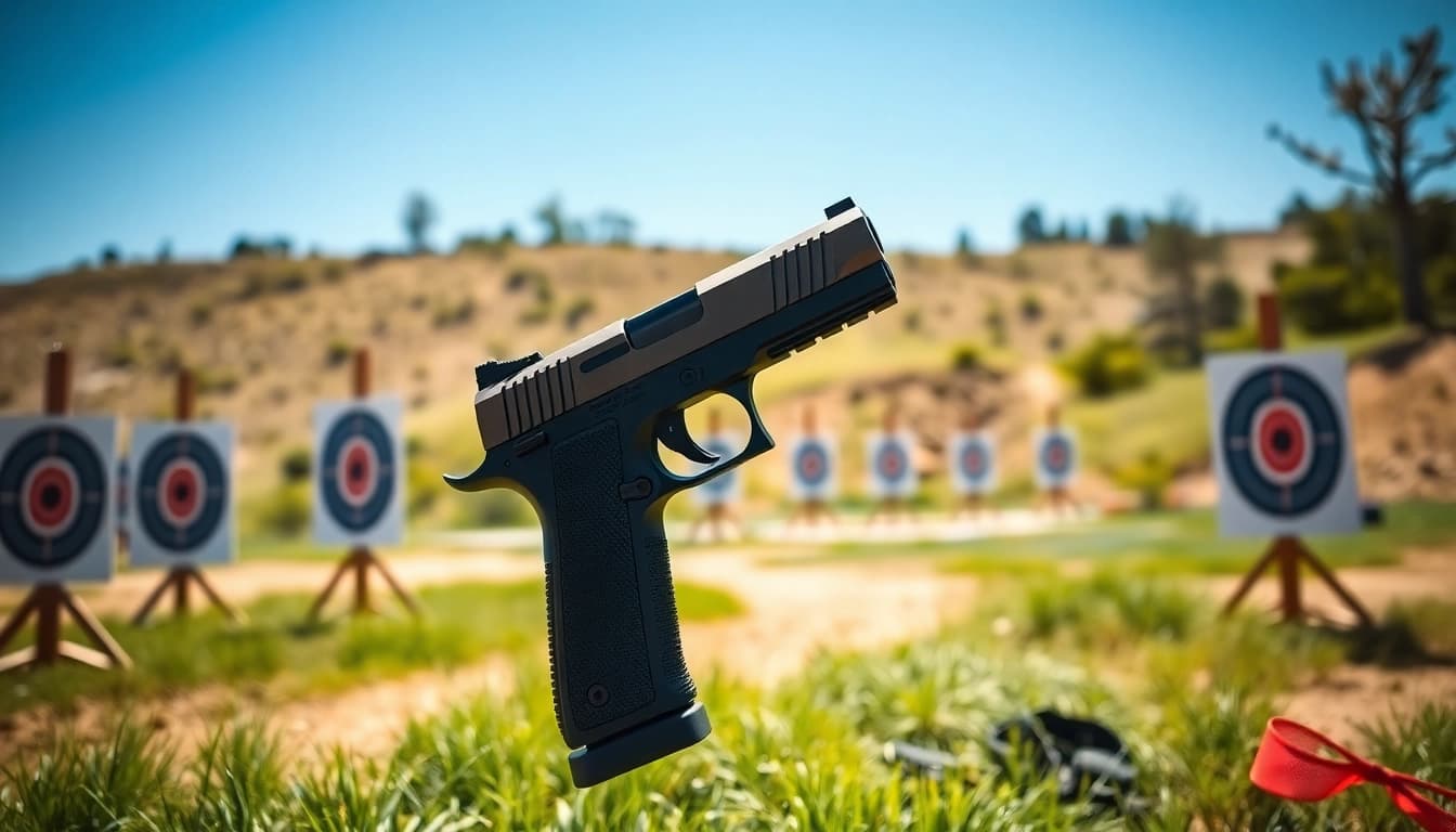 Showcasing a polymer-80 handgun in an outdoor shooting range, highlighting its features and design.