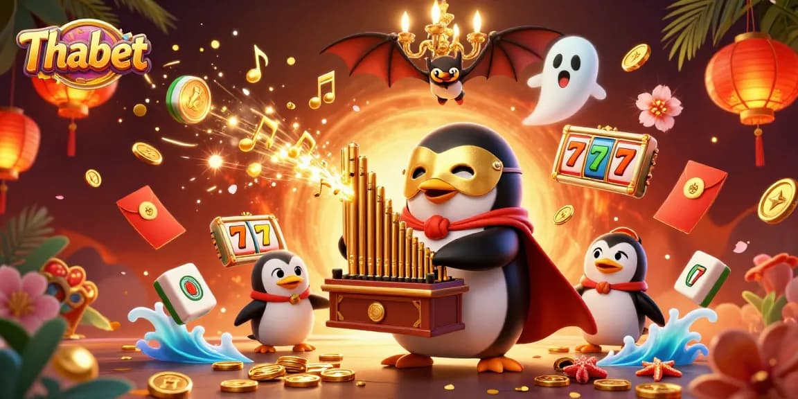 Thabet entertainment features the charismatic penguin playing an organ amidst casino-themed delights and illuminating elements.