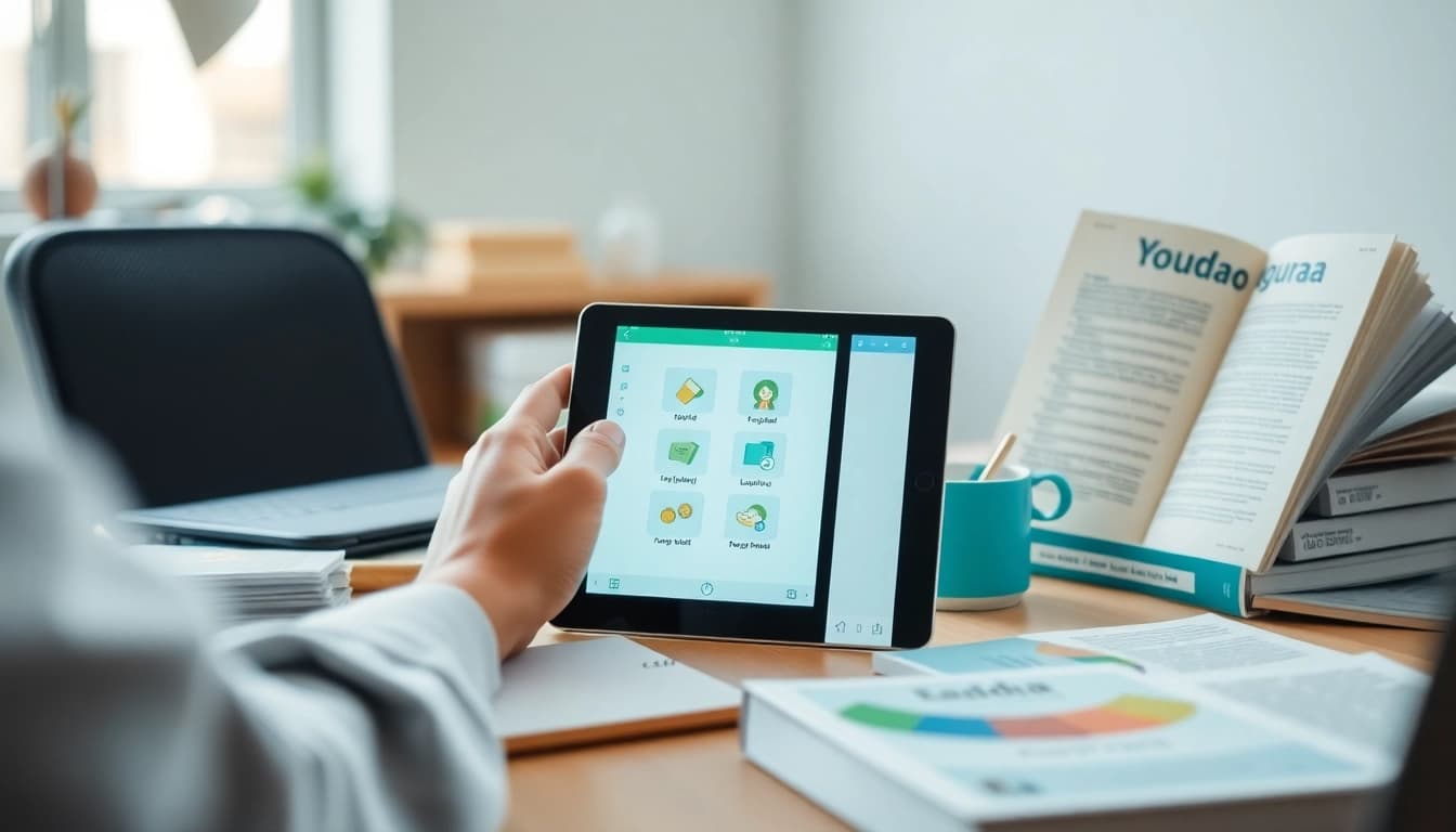 Youdao language learning technology showcased with a person using digital devices in a modern workspace.