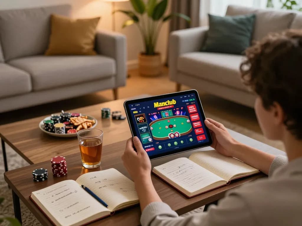 Person enjoying online poker on the Manclub app in a cozy living room setting