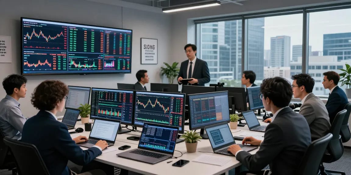 Traders analyzing trading market insights in a tech-savvy trading room.