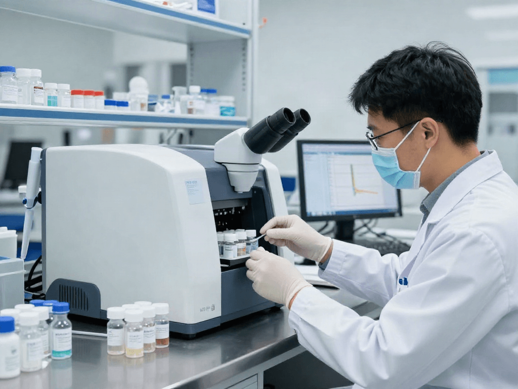 Scientist analyzing high-purity research peptides in a precision laboratory environment, emphasizing trust in scientific results.