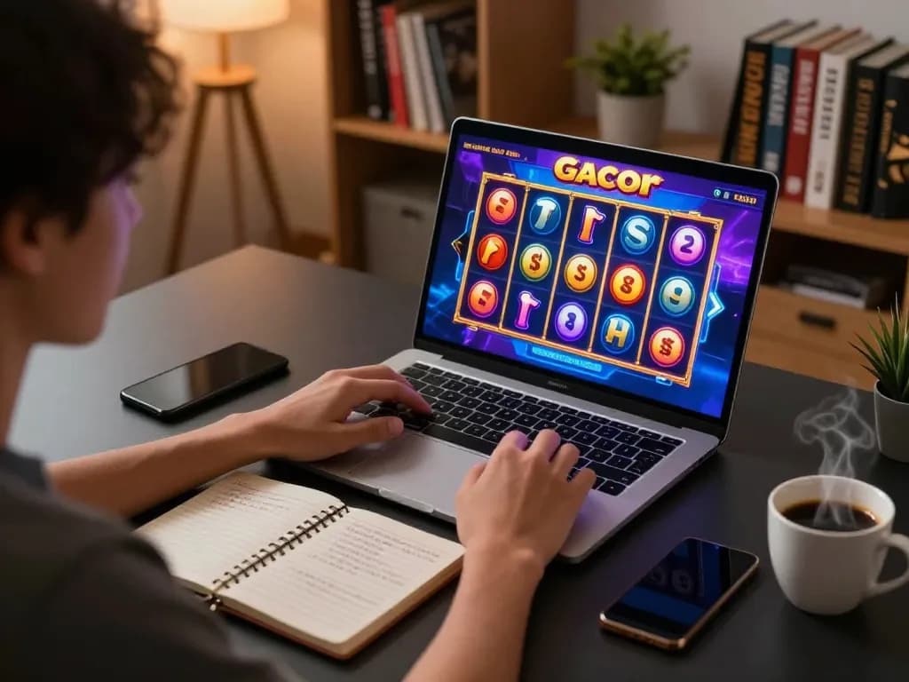 Engaging with slot gacor online game on a laptop, highlighting strategic gameplay in a cozy home office.