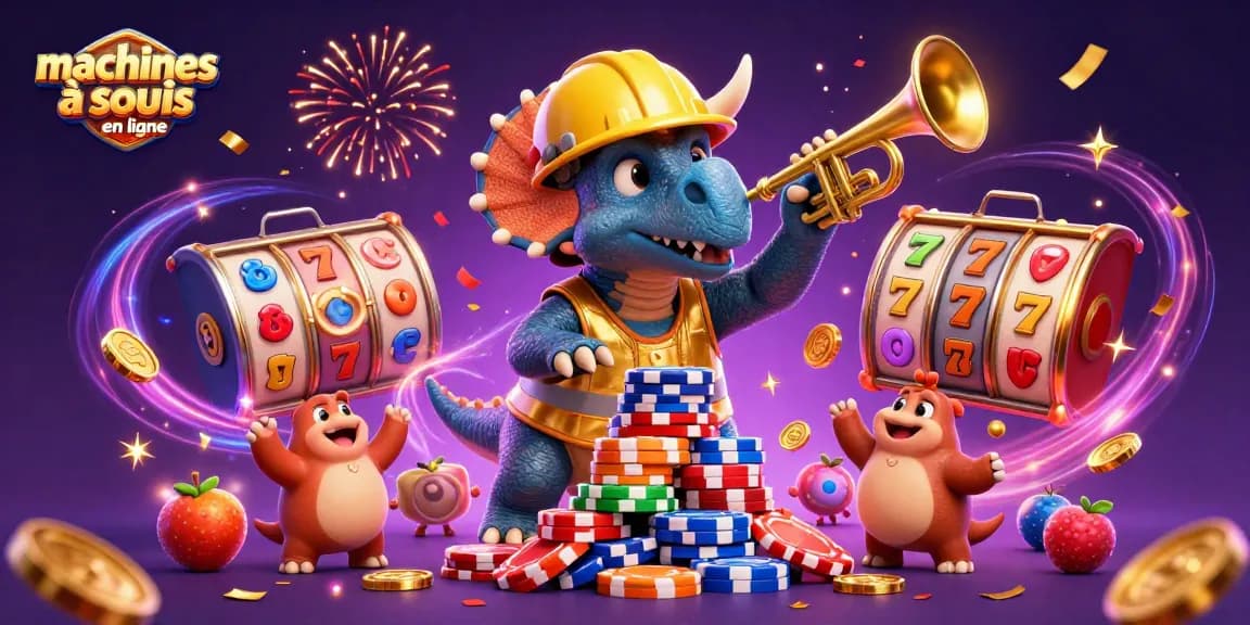 Profitez des machines à sous en ligne avec une illustration dynamique de personnages animaux célébrant la chance et les gains.