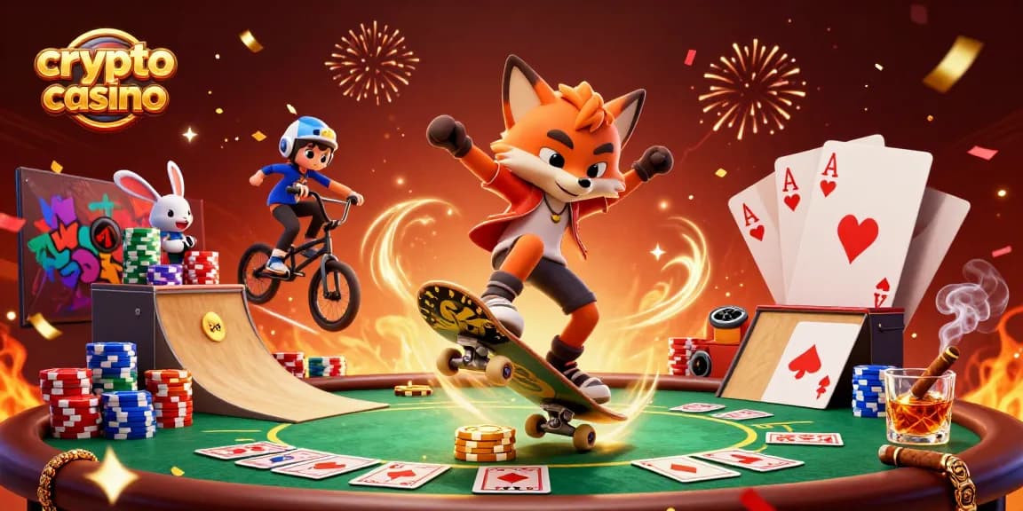 Gioca nel crypto casino con una volpe in skateboard e un coniglio BMX nel mondo delle scommesse.
