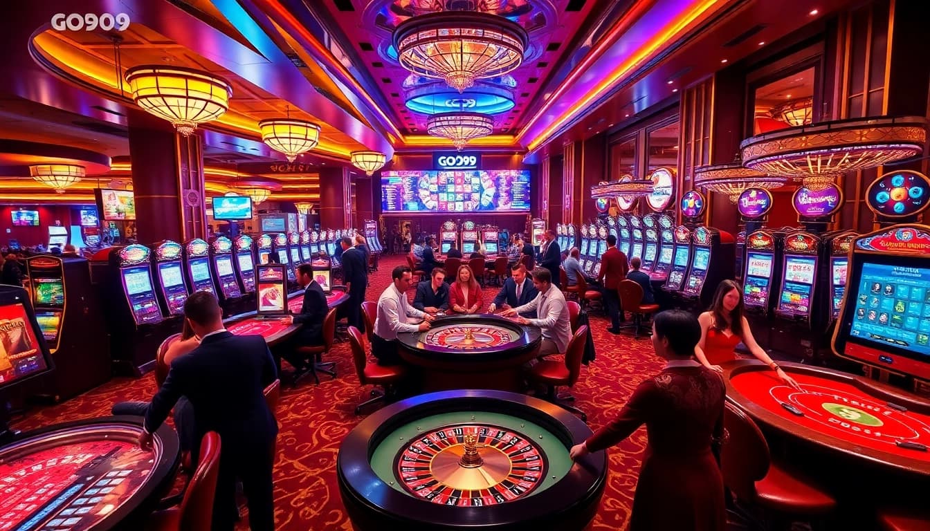 Engaged players strategizing at GO99 casino tables, surrounded by luxurious decor and slot machines.