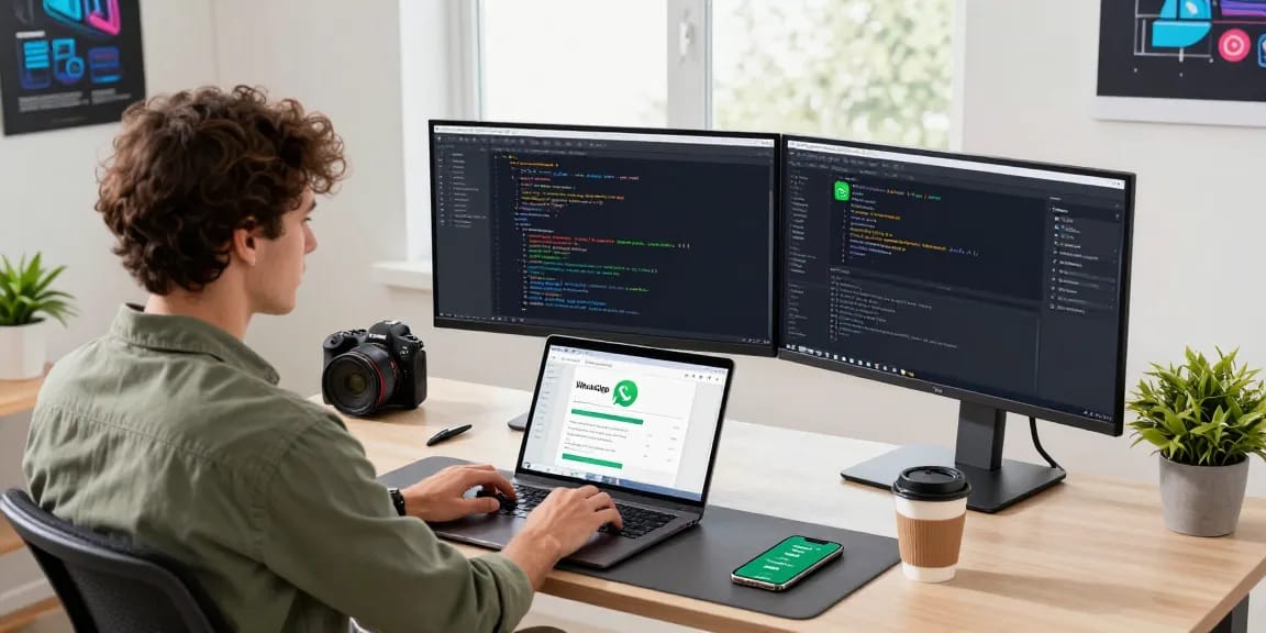 Developer coding on WhatsApp下載 app download screen in a modern office.