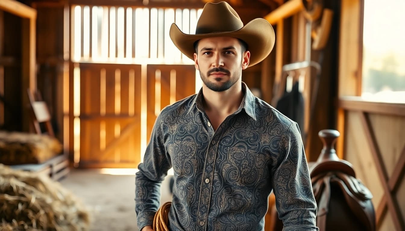 Stylish cowboy shirts Canada showcased on a confident cowboy in a rustic barn setting.