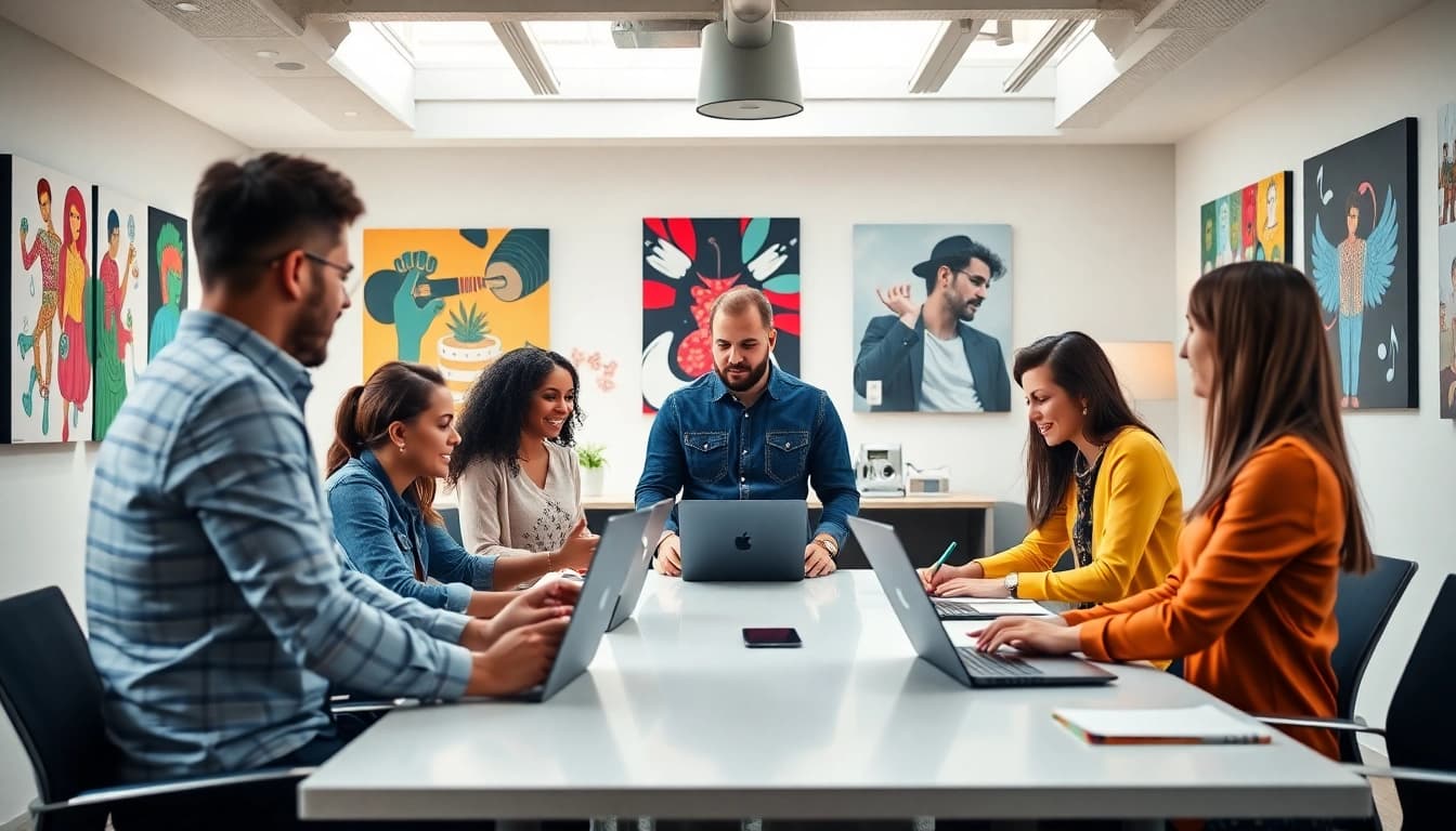 Team members actively discuss strategies in a vibrant music pr agency office.
