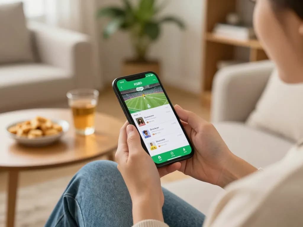 KQBD mobile betting action with a user engaging on a smartphone in a cozy home setting