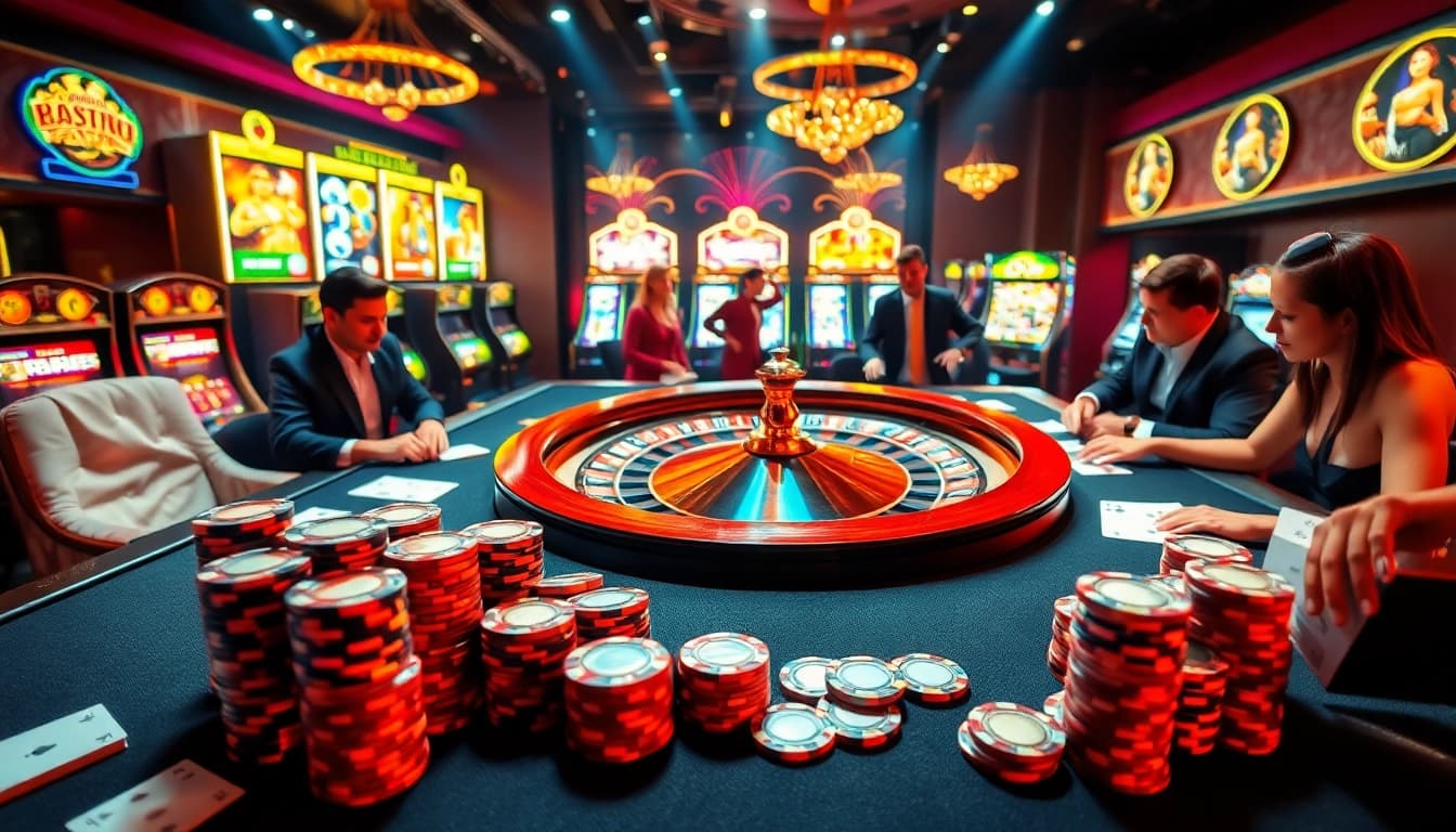 L'atmosphère passionnante du casino en ligne avec des jetons de poker, une roue de la roulette et des joueurs impatients engagés dans l'action.