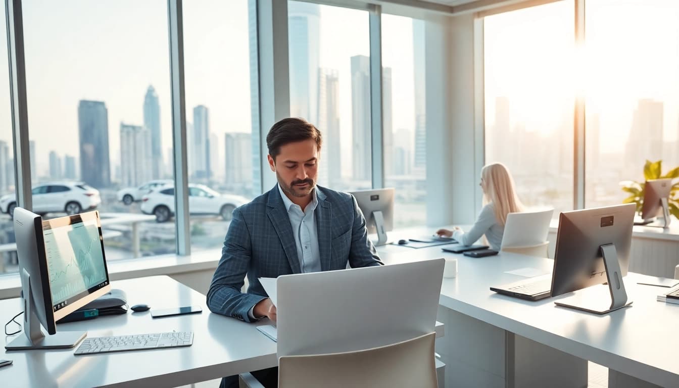 Bookkeeping firm in Abu Dhabi working diligently with financial documents and technology.