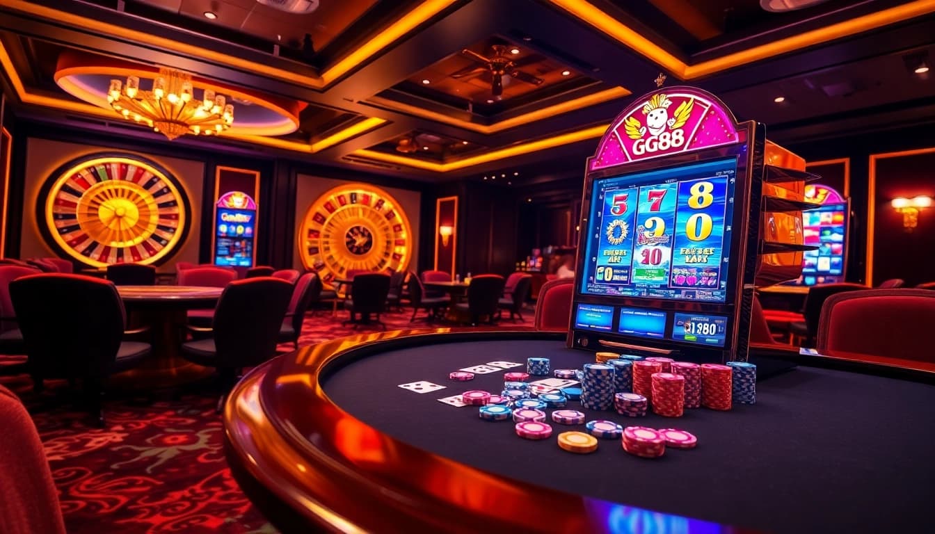 Experience the excitement of GG88 with a vibrant slot machine in a luxurious casino.