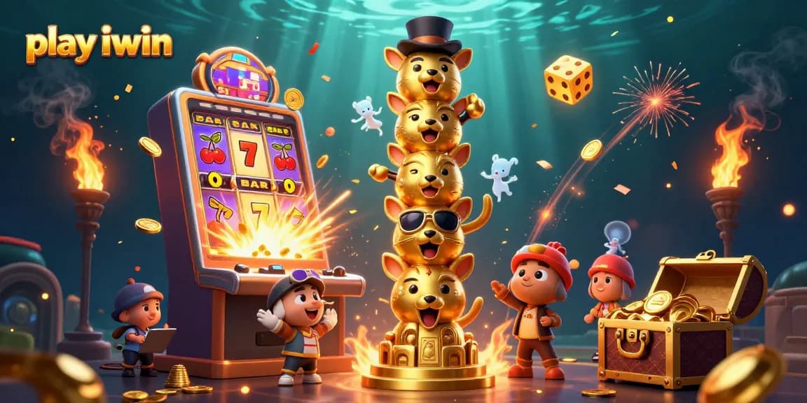Play iwin on a vibrant 3D casino scene with cartoon characters and jackpot elements.