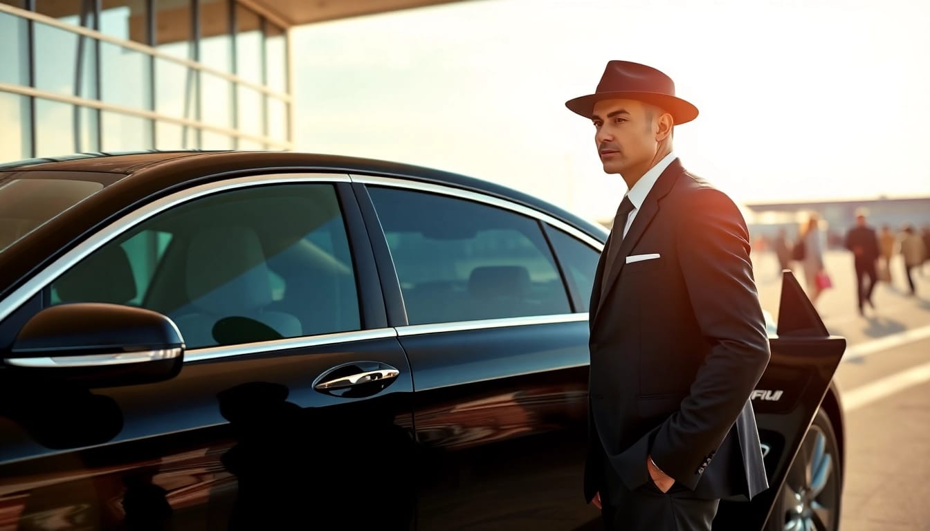 Experience premium Chauffeur Hire with a professional chauffeur awaiting at an airport terminal.
