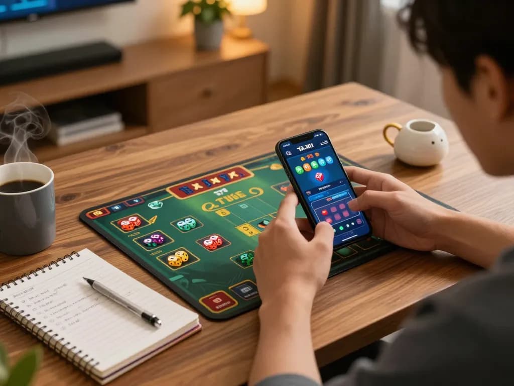 Tài xỉu game being played on a smartphone, showcasing colorful dice and betting options, with strategy notes in view.