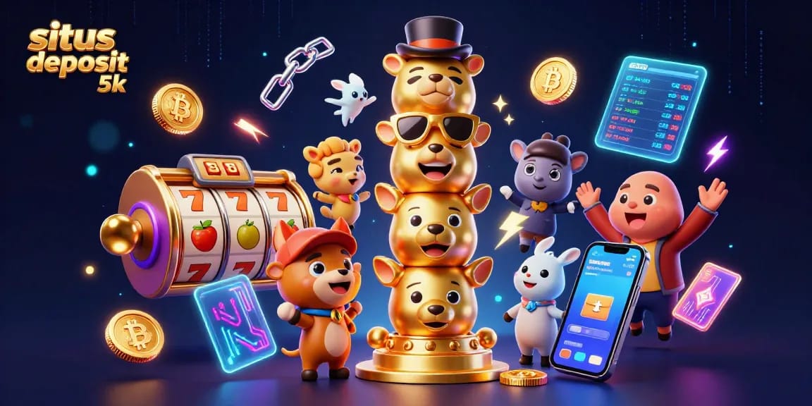 Experience situs deposit 5k with slot reels, vibrant coins, and casino accessories in a dynamic visual