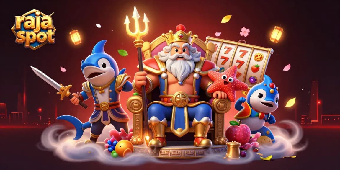 Menggali jackpot spektakuler di raja slot dengan simbol buah dan roda slot berputar.