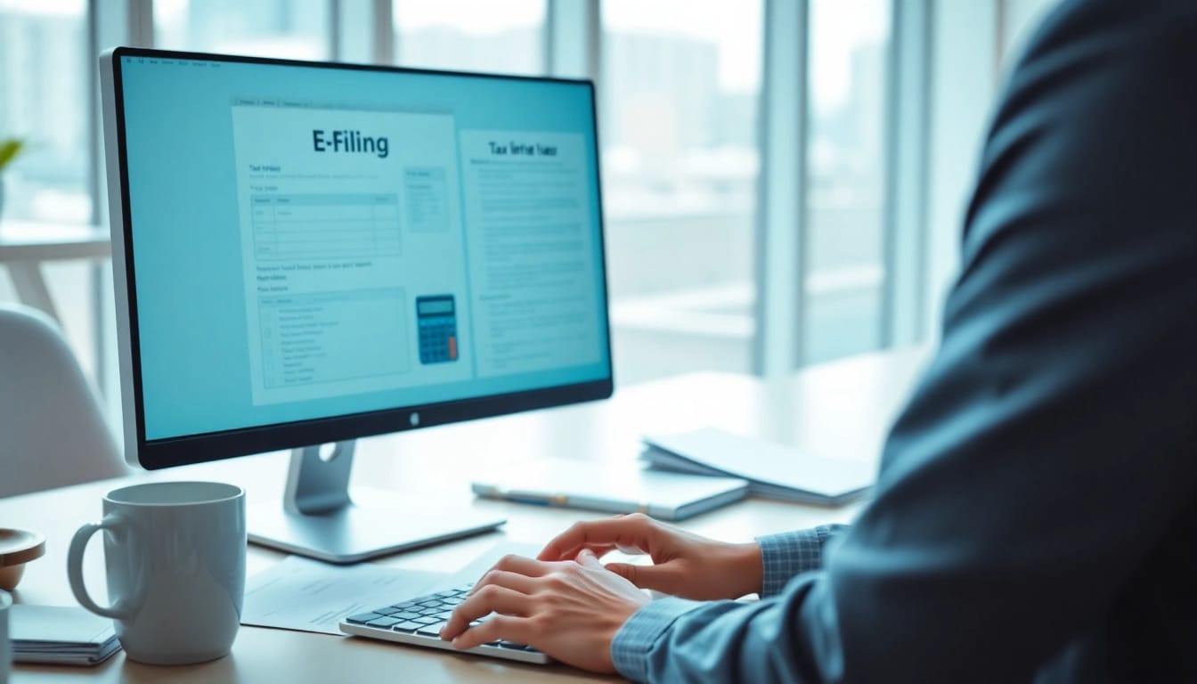 E-filing setup highlighting a person actively engaged in filing taxes electronically with focus on organization.