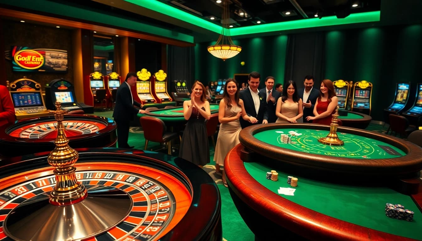 Découvrez l'excitation d'une scène de casino en ligne avec des tables de roulette et de poker.