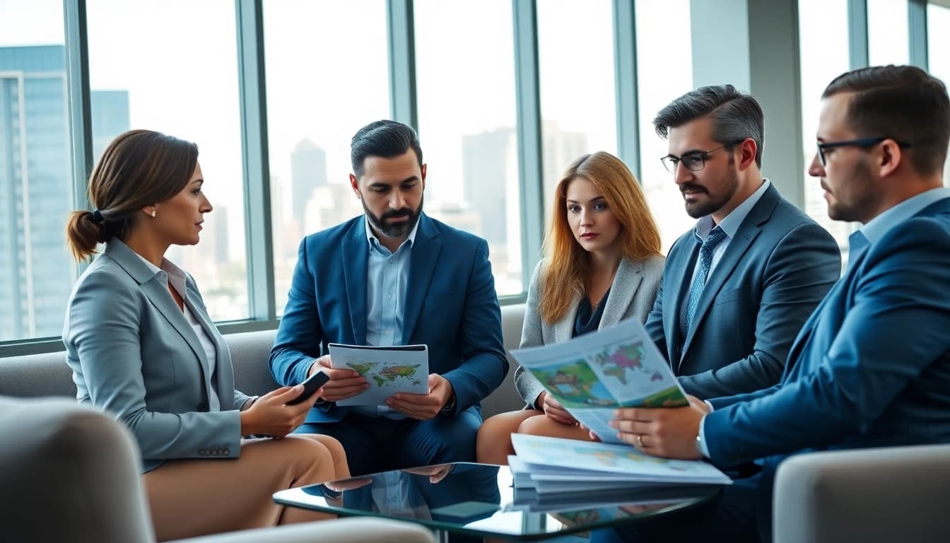 Engaged professionals collaborating on international real estate strategies in a bright office.