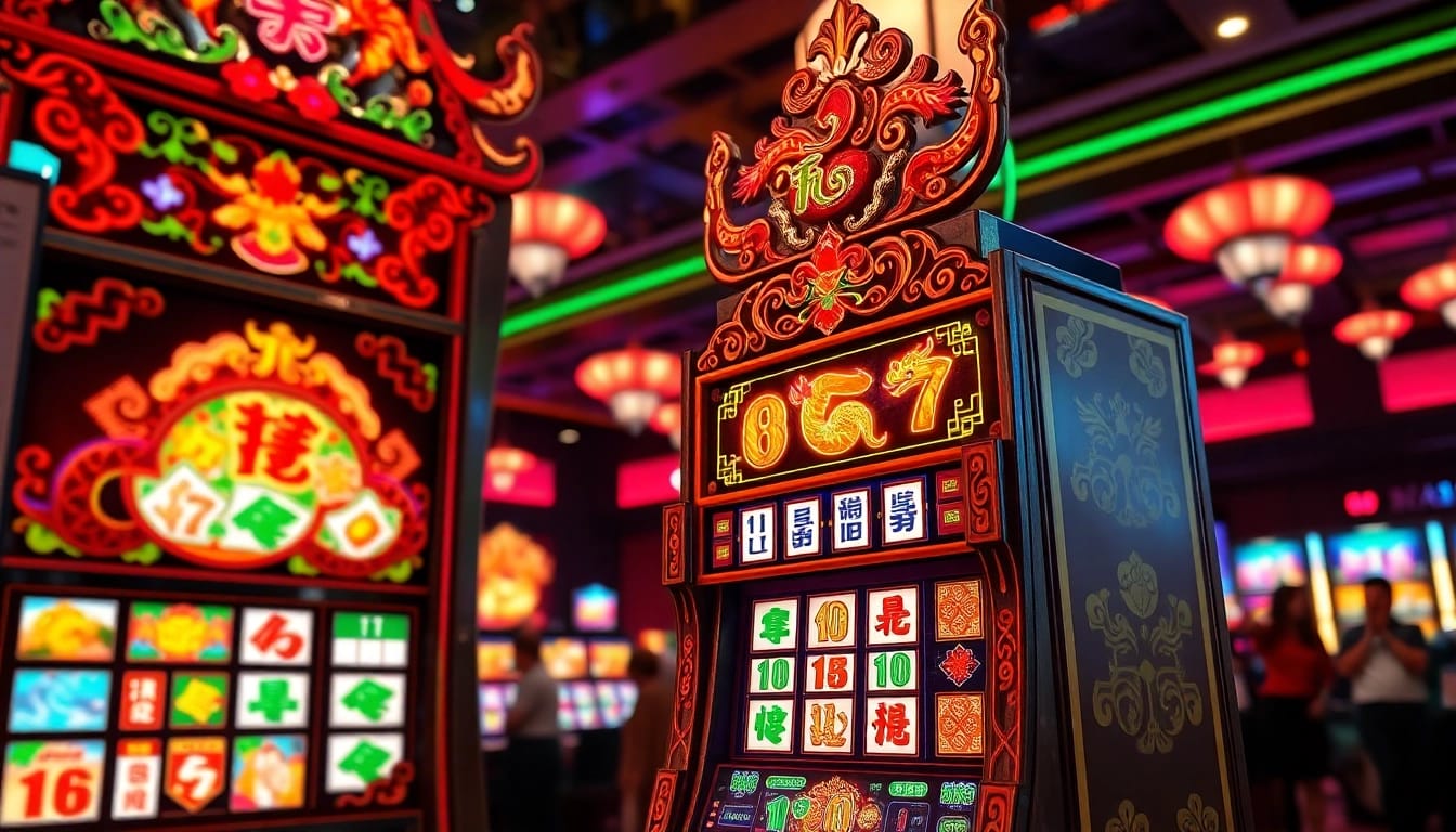 Mainkan mahjong slot di mesin slot kasino tradisional yang meriah dan penuh warna.