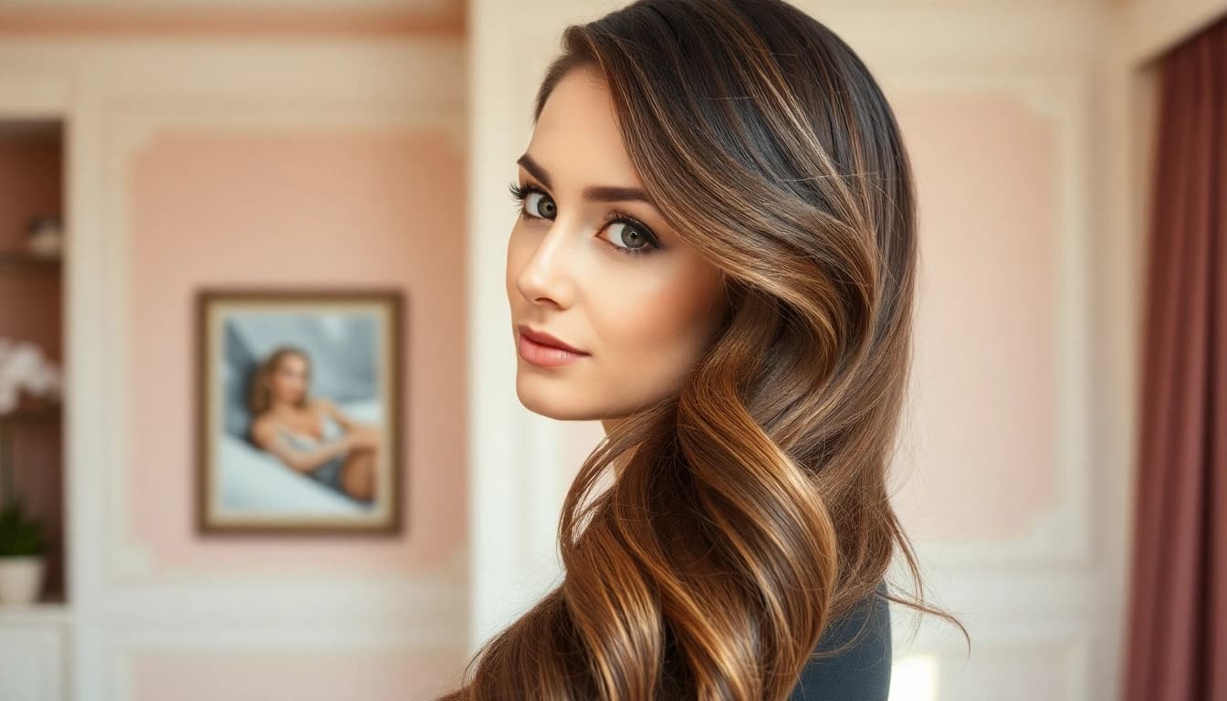 Stylish woman flaunting invisi edge clip in hair extensions in a refined environment.