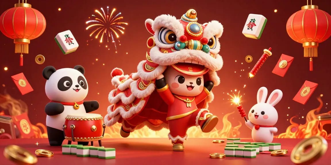 Experience gambling excitement with 1gom, featuring a vibrant scene of a lion dance and casino elements.