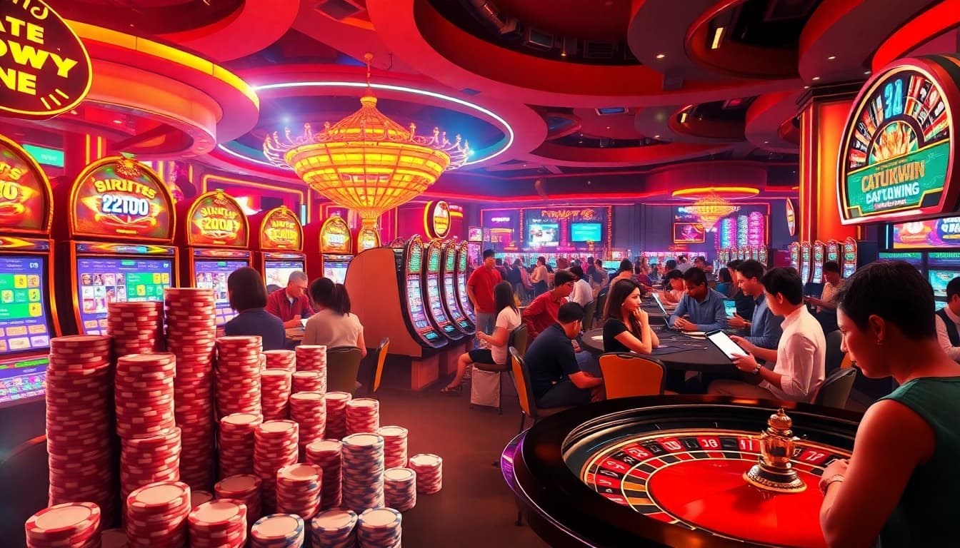 Adegan judi online yang mendebarkan dengan chip poker Datukwin dan mesin slot di kasino yang hidup.