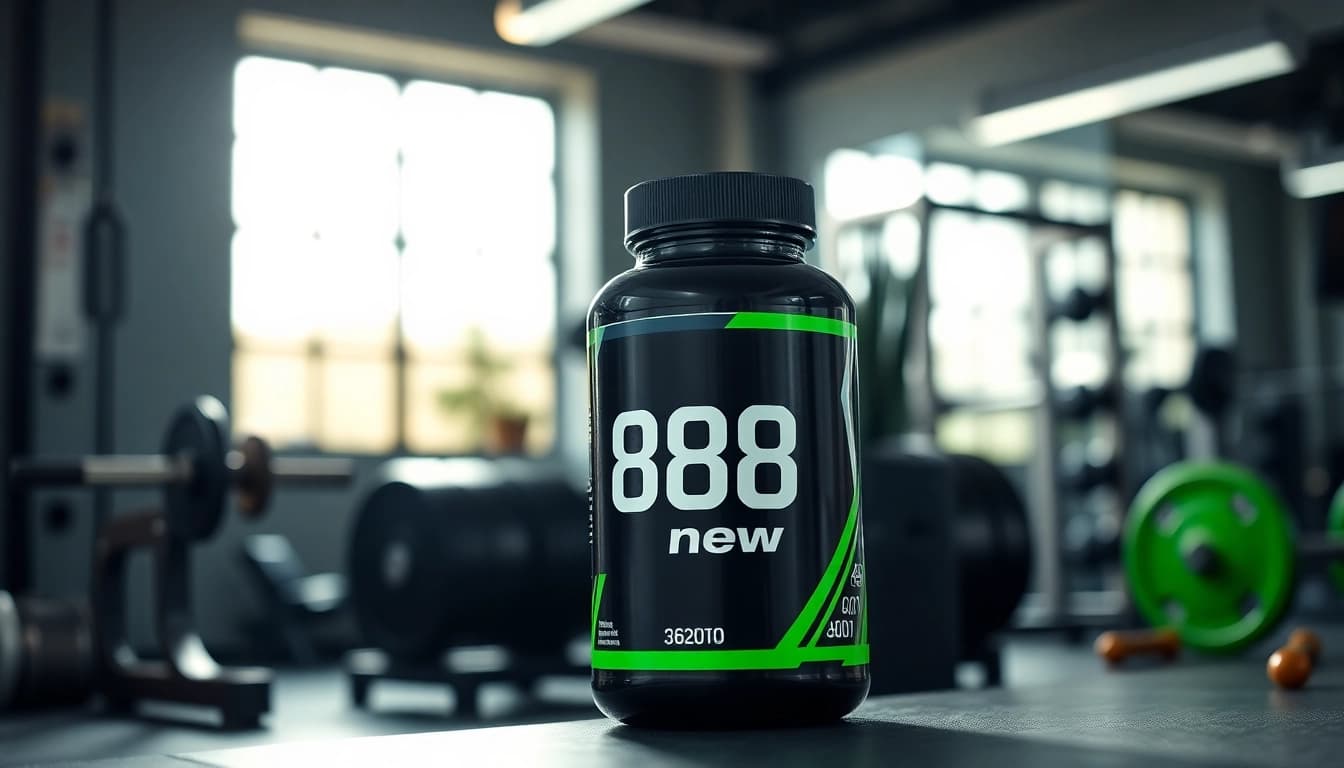 Showcase of steroids labeled 888new in an energetic gym setting to promote fitness.
