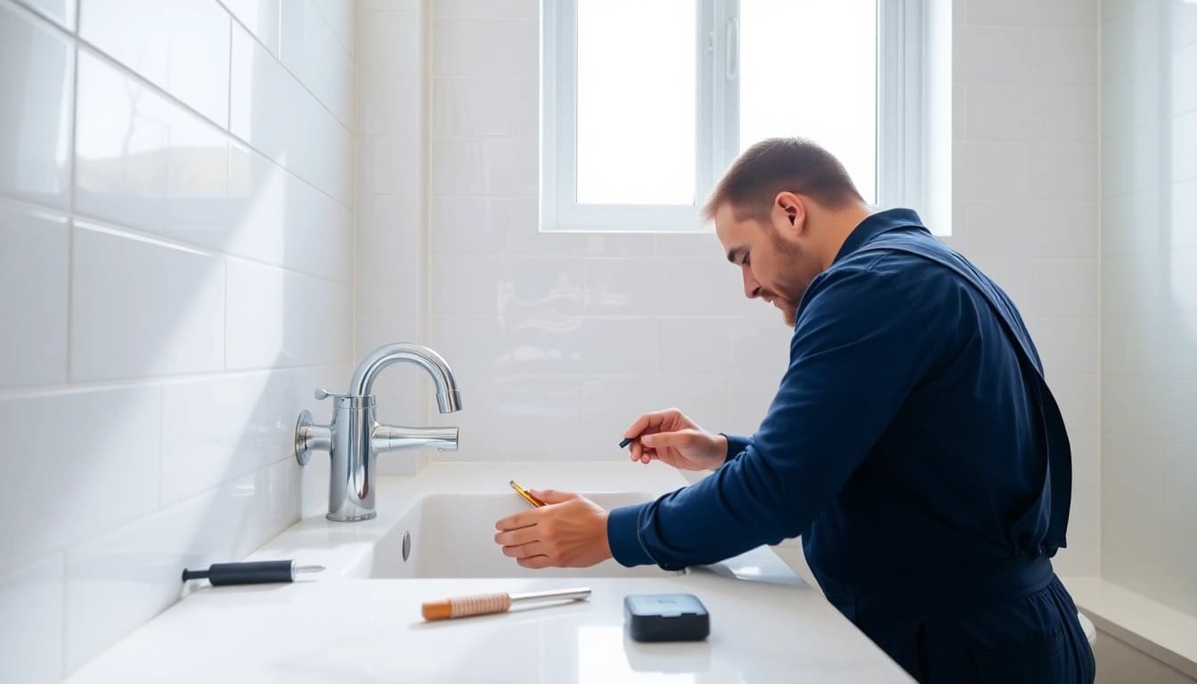 Plumber West Vancouver fixing a sink in a bright bathroom environment.