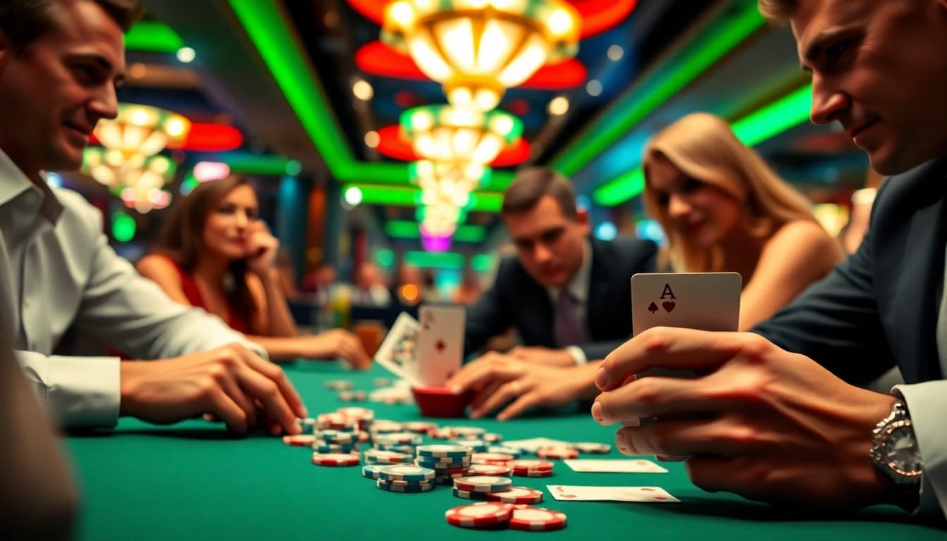Permainan slot depo 1k yang seru dengan pemain fokus di meja kasino.