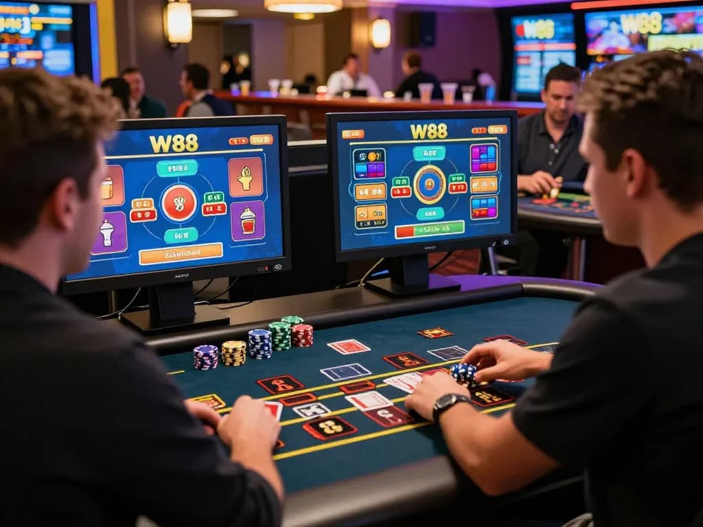 W88 online casino scene with a player enjoying a live roulette game, vibrant atmosphere showcasing excitement and engagement.