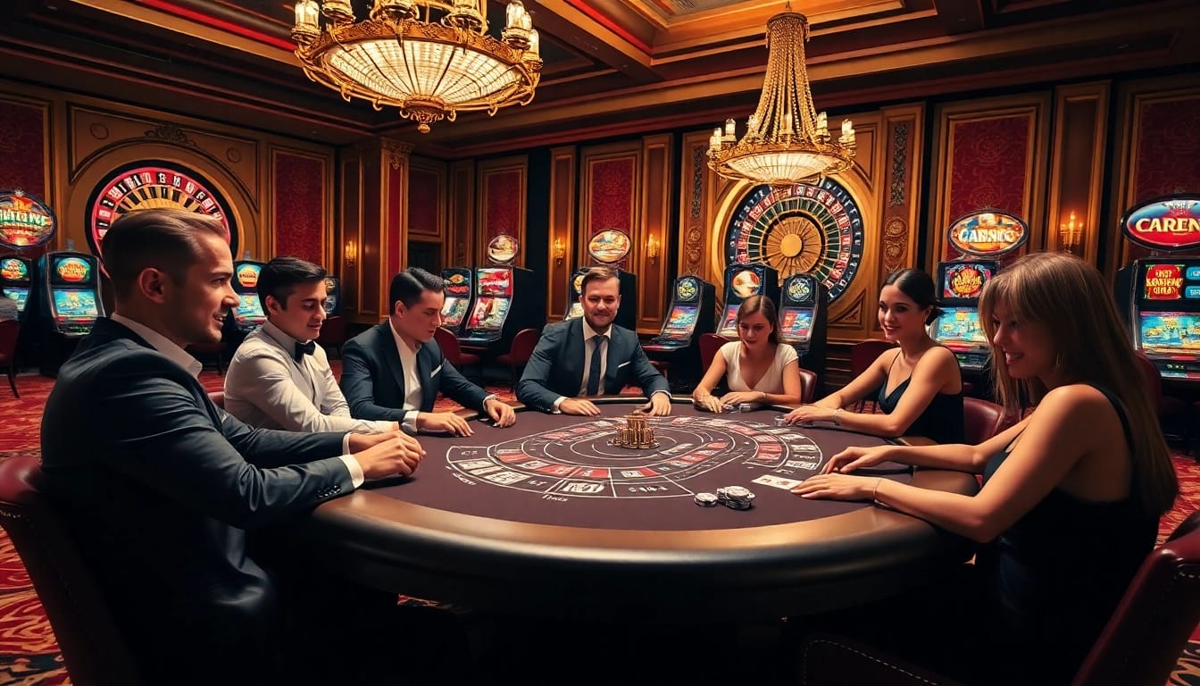 Passionnant jeu de poker en ligne avec des joueurs en train de strategiser et une roue de la roulette en arrière-plan.