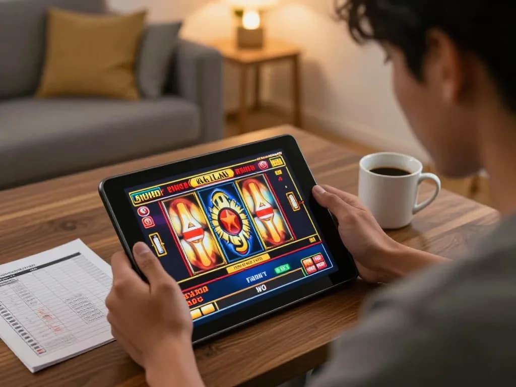 Engaged player enjoying slot thailand games on a tablet in a cozy home setting.