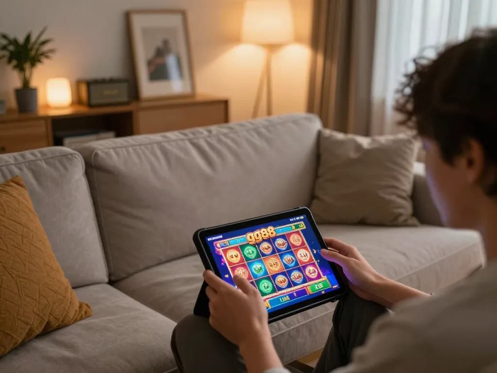 Engaging with the gg88 slot on a tablet in a cozy home setting, highlighting modern online gaming.
