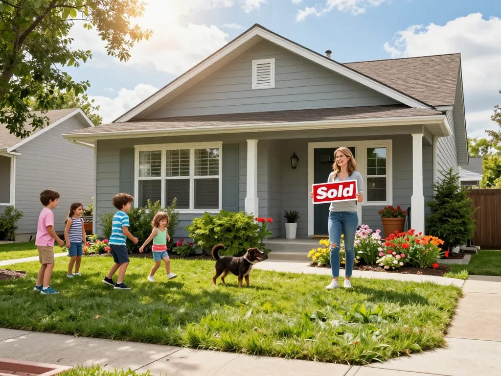 Sell my house today with confidence; homeowner celebrating a successful sale in a vibrant neighborhood.