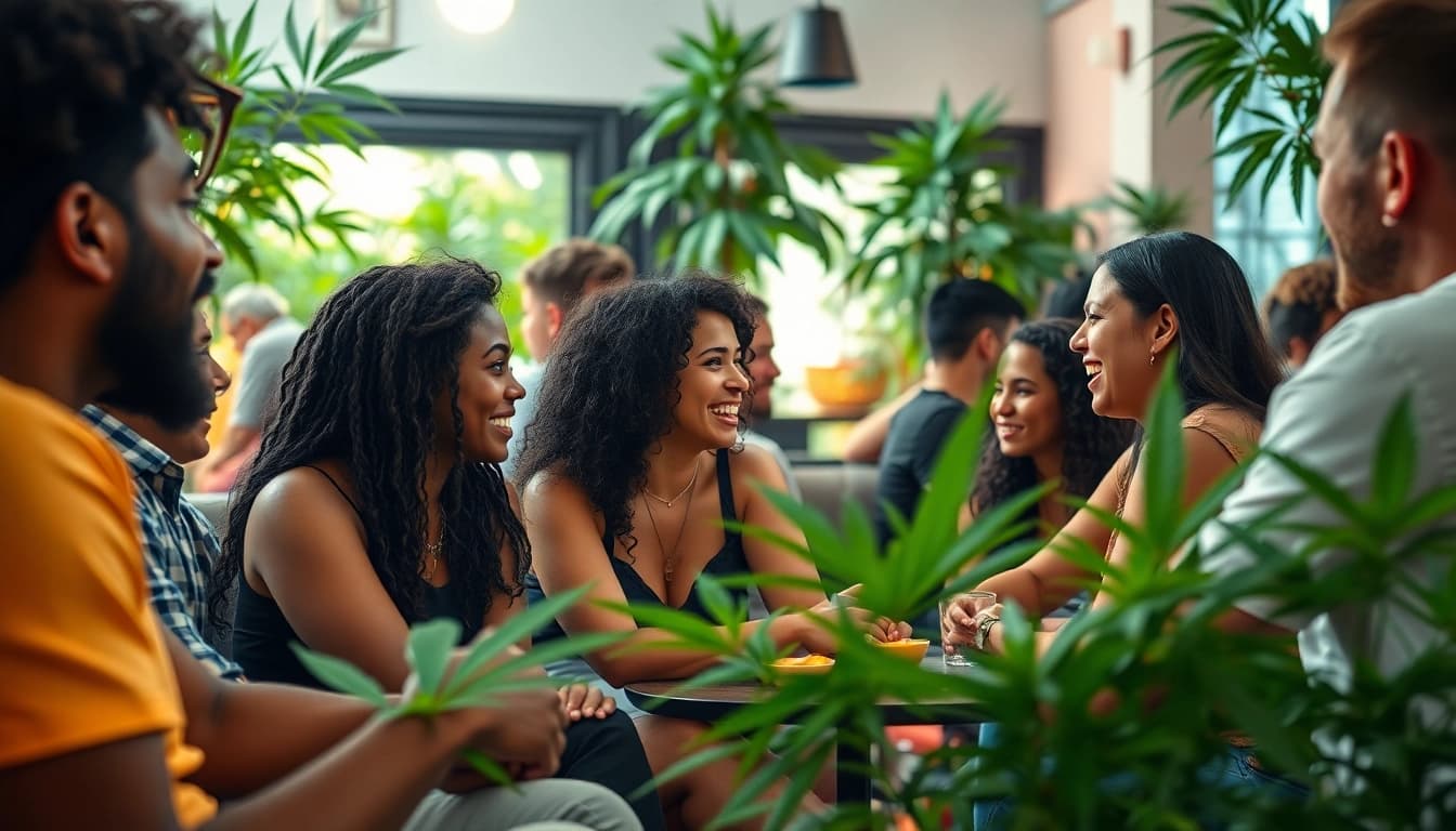 Social club madrid members enjoying a relaxed atmosphere with cannabis in a vibrant setting.