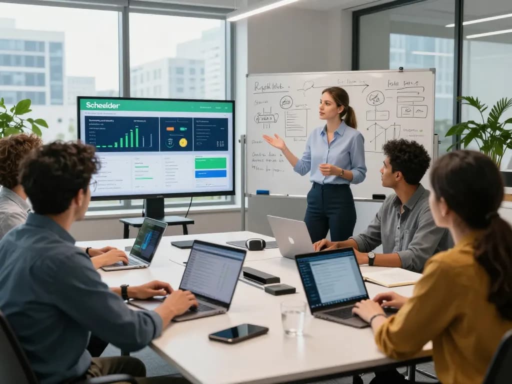 Team discussing Schneider's energy solutions in a modern office environment