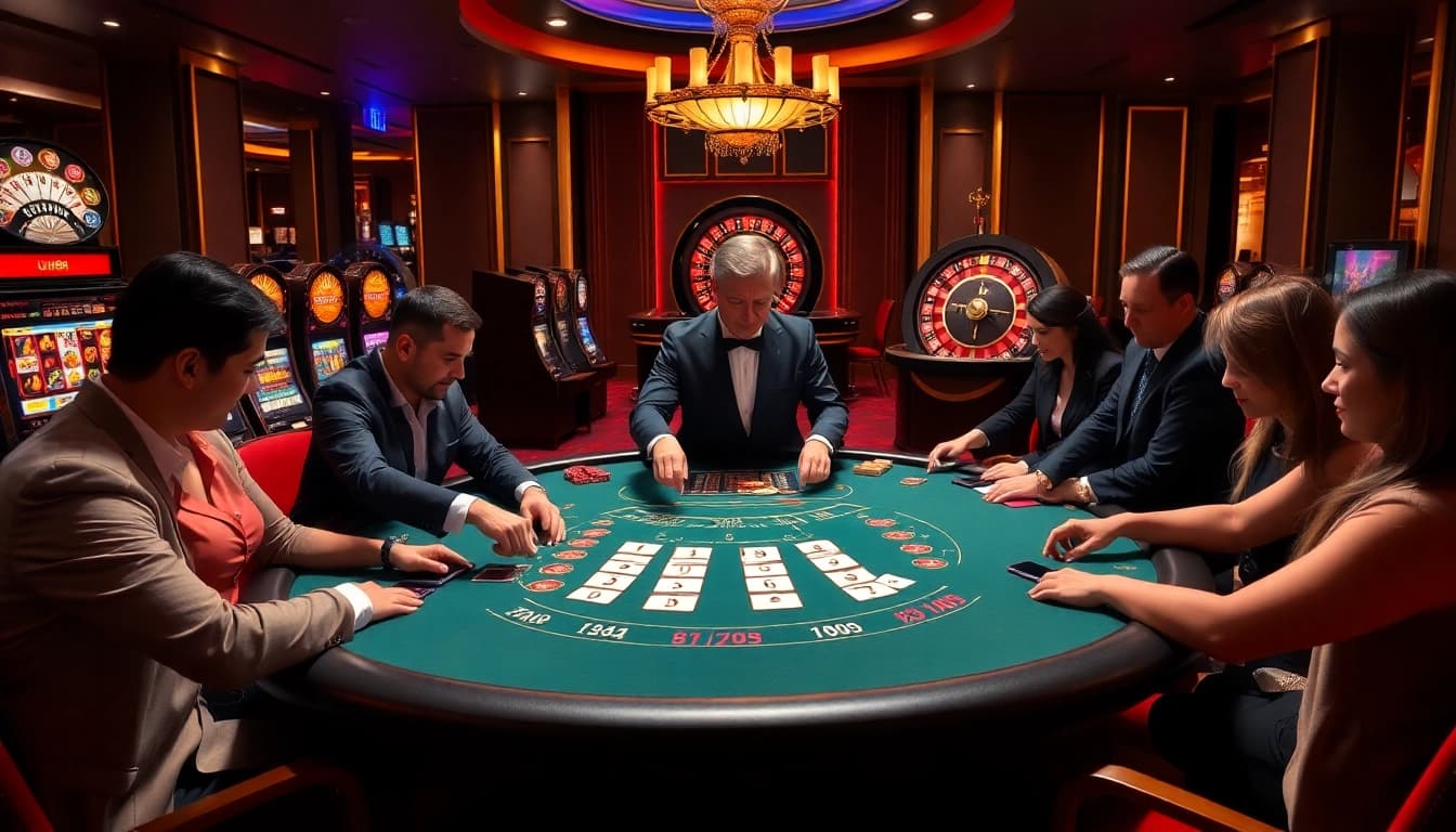 Players enjoying a high-stakes poker game at uu88.com casino, surrounded by slots and roulette.