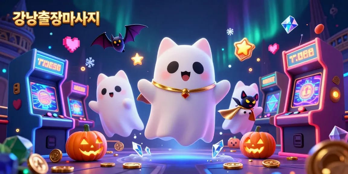 Engage with 강남출장마사지 in a lively casino setting, adorned with glowing game elements and festive icons.
