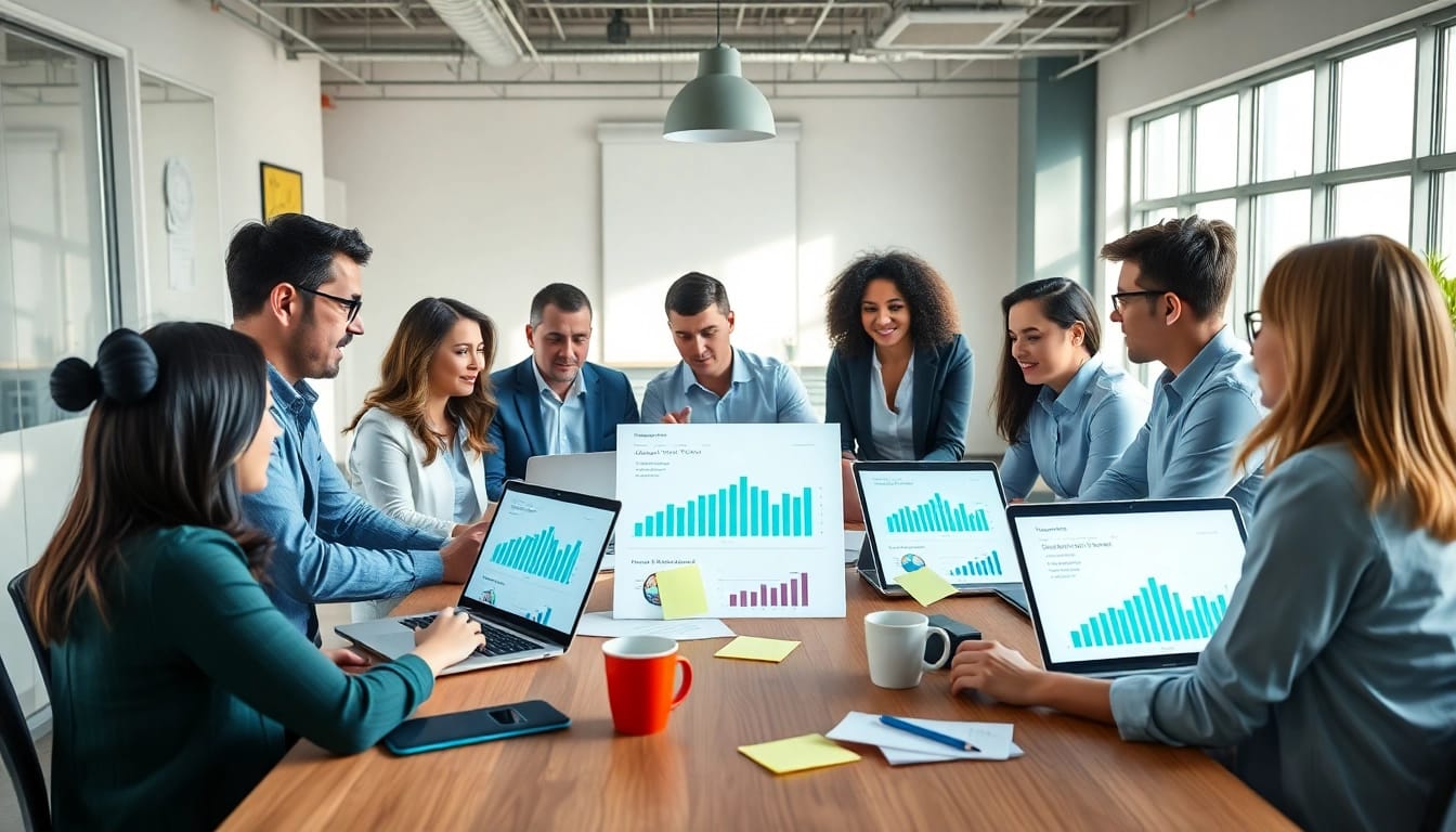 Analyze growth strategy trends with a diverse business team in a bright office.