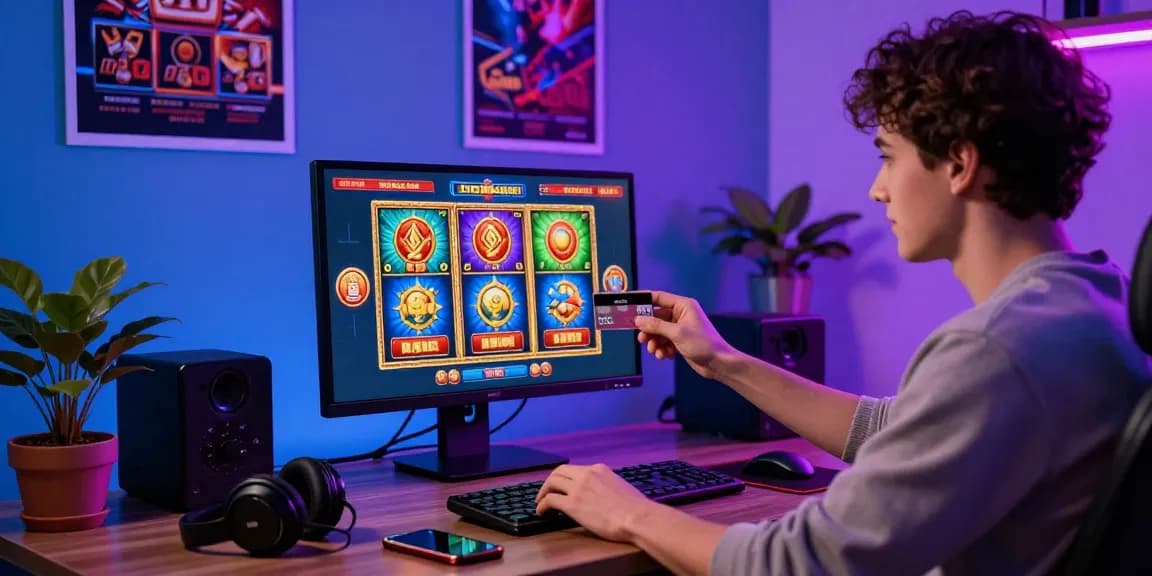 Player engaging with a credit card casino platform on a computer, showcasing vibrant games and a Visa card on the desk.