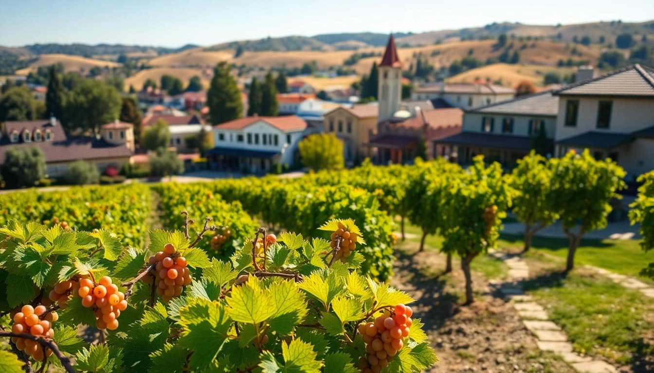 Stunning landscape of Clarksburg, CA, showcasing vineyards and historic architecture under bright sunlight.