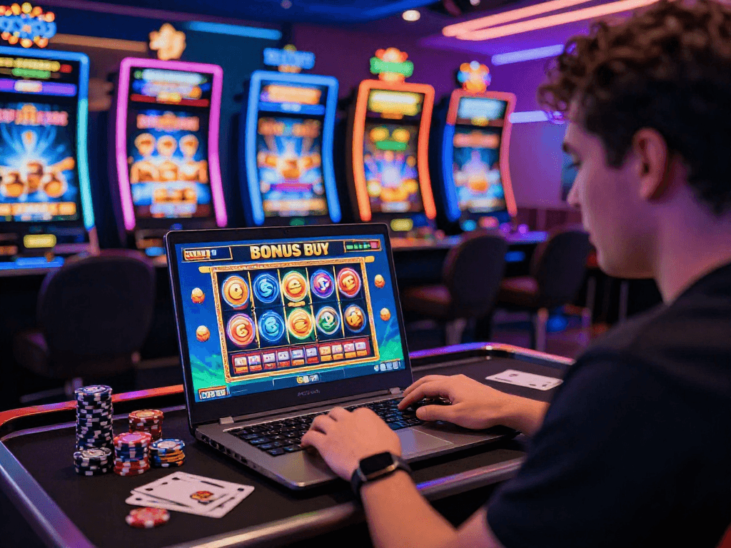 Engaging scene highlighting Bonus Buy slots uk experience with player at laptop, colorful slot game interface, modern casino atmosphere.