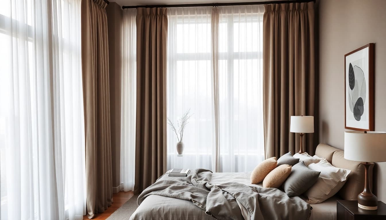 Geniet van stijlvolle verduisterende gordijnen in een gezellige slaapkamer met natuurlijke lichtinval.