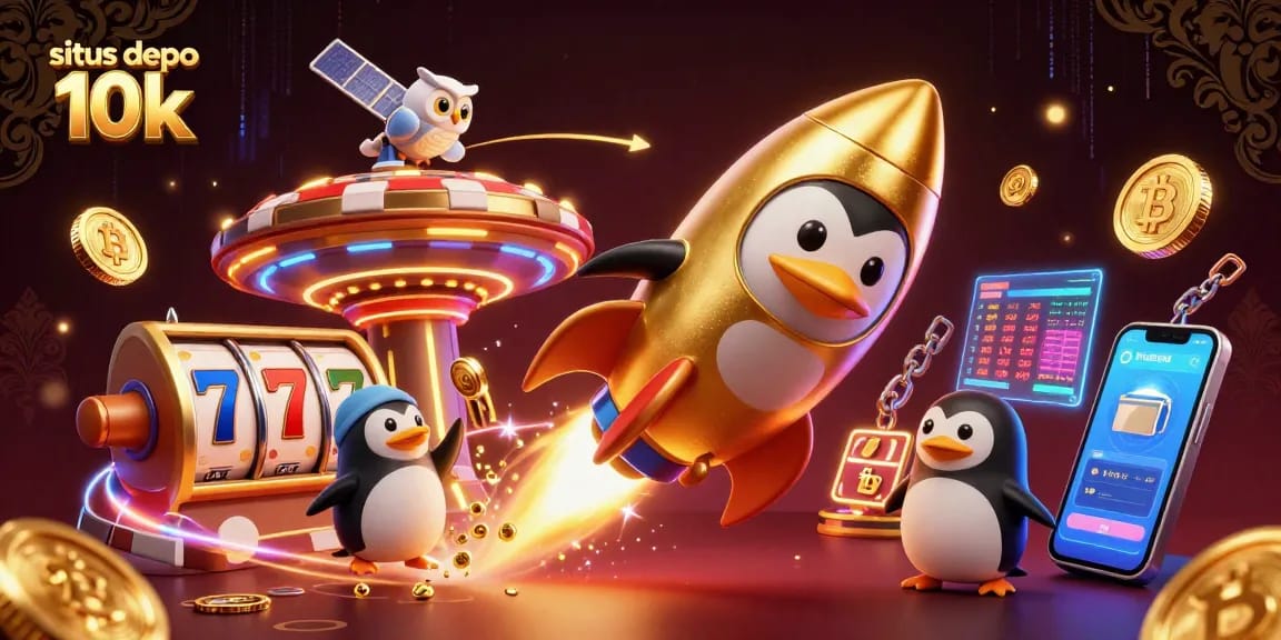 Situs depo 10k showcases a lively 3D illustration of a golden penguin navigating a casino space station amidst slot games and cryptocurrency.