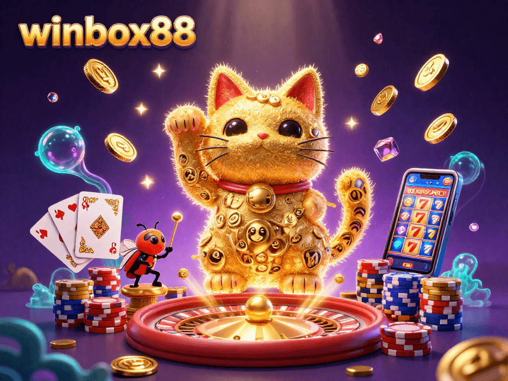 Experience the excitement of winbox88 with a vibrant illustration of a lucky cat and casino symbols.